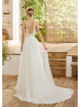 Plunging Neck Ivory Lace Dots Tulle Ruffled Wedding Dress